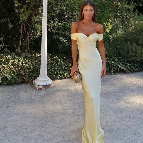 Classy Mermaid Off The Shoulder Yellow Satin Long Evening Dress Prom Dress Secondary image