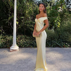 Classy Mermaid Off The Shoulder Yellow Satin Long Evening Dress Prom Dress
