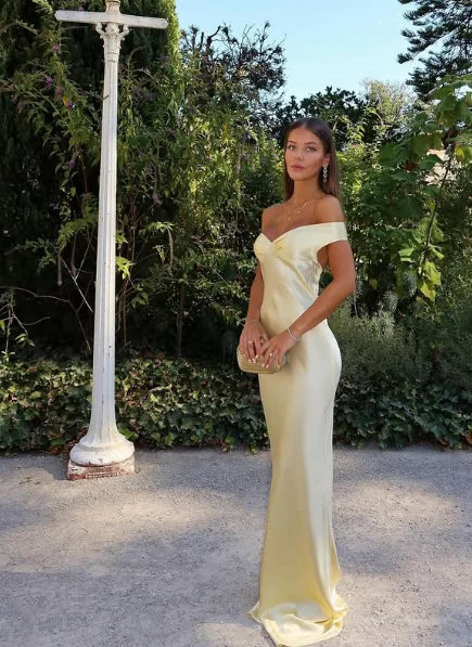 Classy Mermaid Off The Shoulder Yellow Satin Long Evening Dress Prom Dress