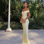 Classy Mermaid Off The Shoulder Yellow Satin Long Evening Dress Prom Dress