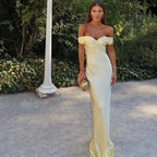 Classy Mermaid Off The Shoulder Yellow Satin Long Evening Dress Prom Dress