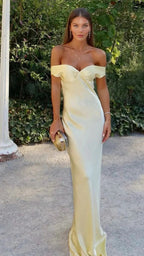 Classy Mermaid Off The Shoulder Yellow Satin Long Evening Dress Prom Dress