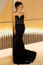 Classy Mermaid Spaghetti Straps Black Sequin Long Evening Gowns Prom Dress