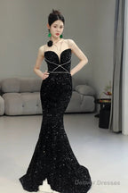 Classy Mermaid Spaghetti Straps Black Sequin Long Evening Gowns Prom Dress