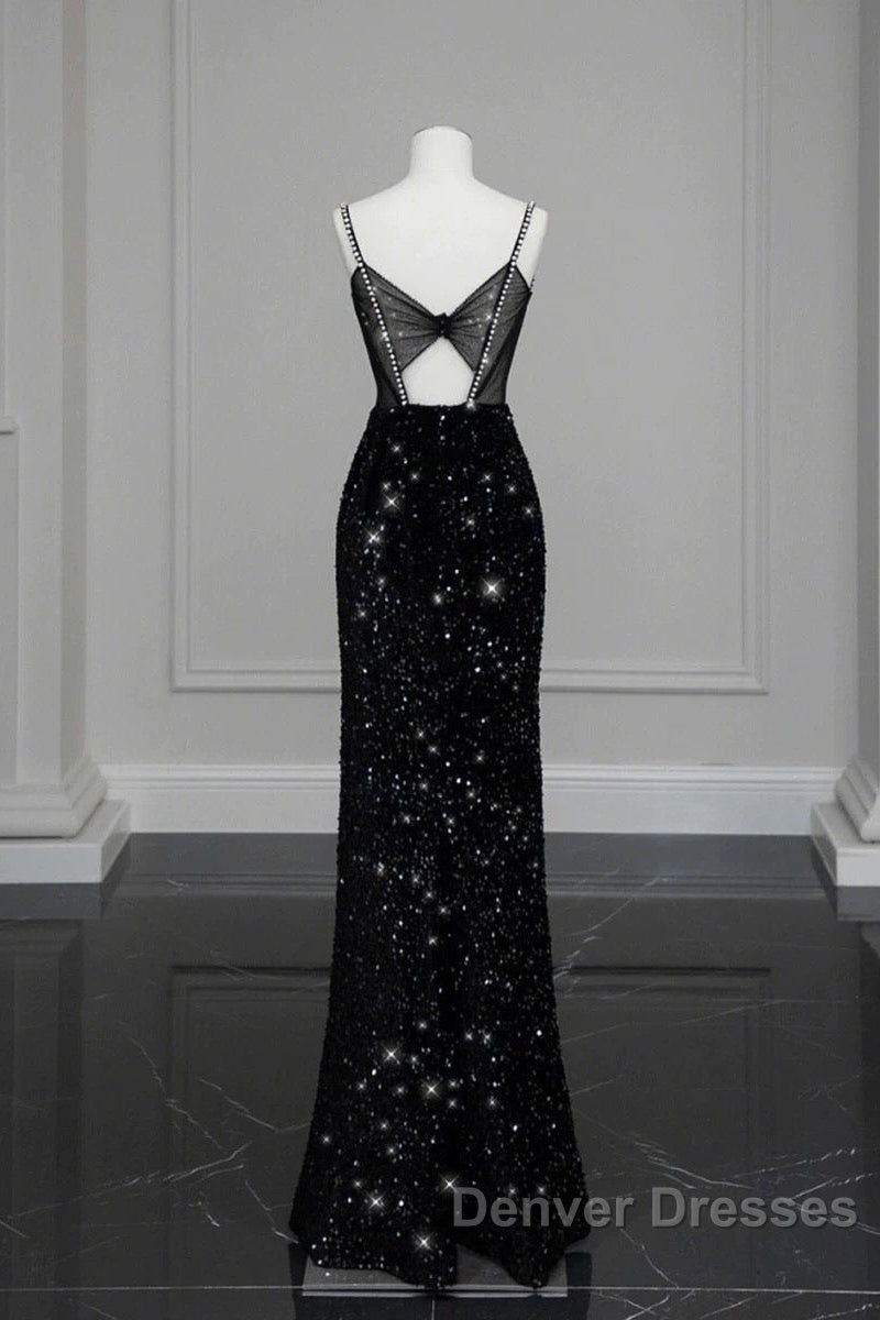 Classy Mermaid Spaghetti Straps Black Sequin Slit Long Evening Gowns Prom Dress Secondary image