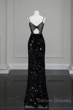 Classy Mermaid Spaghetti Straps Black Sequin Slit Long Evening Gowns Prom Dress