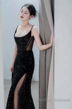 Classy Mermaid Spaghetti Straps Black Sequin Slit Long Evening Gowns Prom Dress
