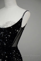 Classy Mermaid Spaghetti Straps Black Sequin Slit Long Evening Gowns Prom Dress