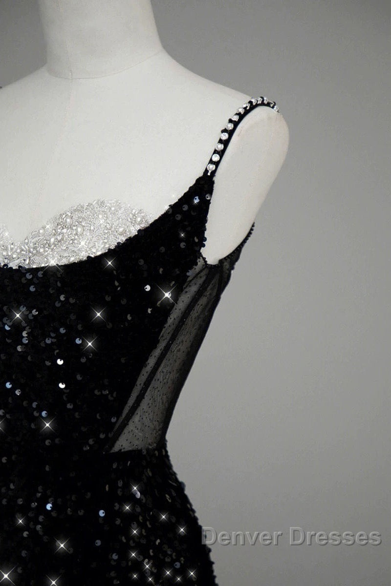 Classy Mermaid Spaghetti Straps Black Sequin Slit Long Evening Gowns Prom Dress