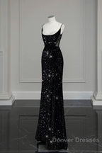 Classy Mermaid Spaghetti Straps Black Sequin Slit Long Evening Gowns Prom Dress