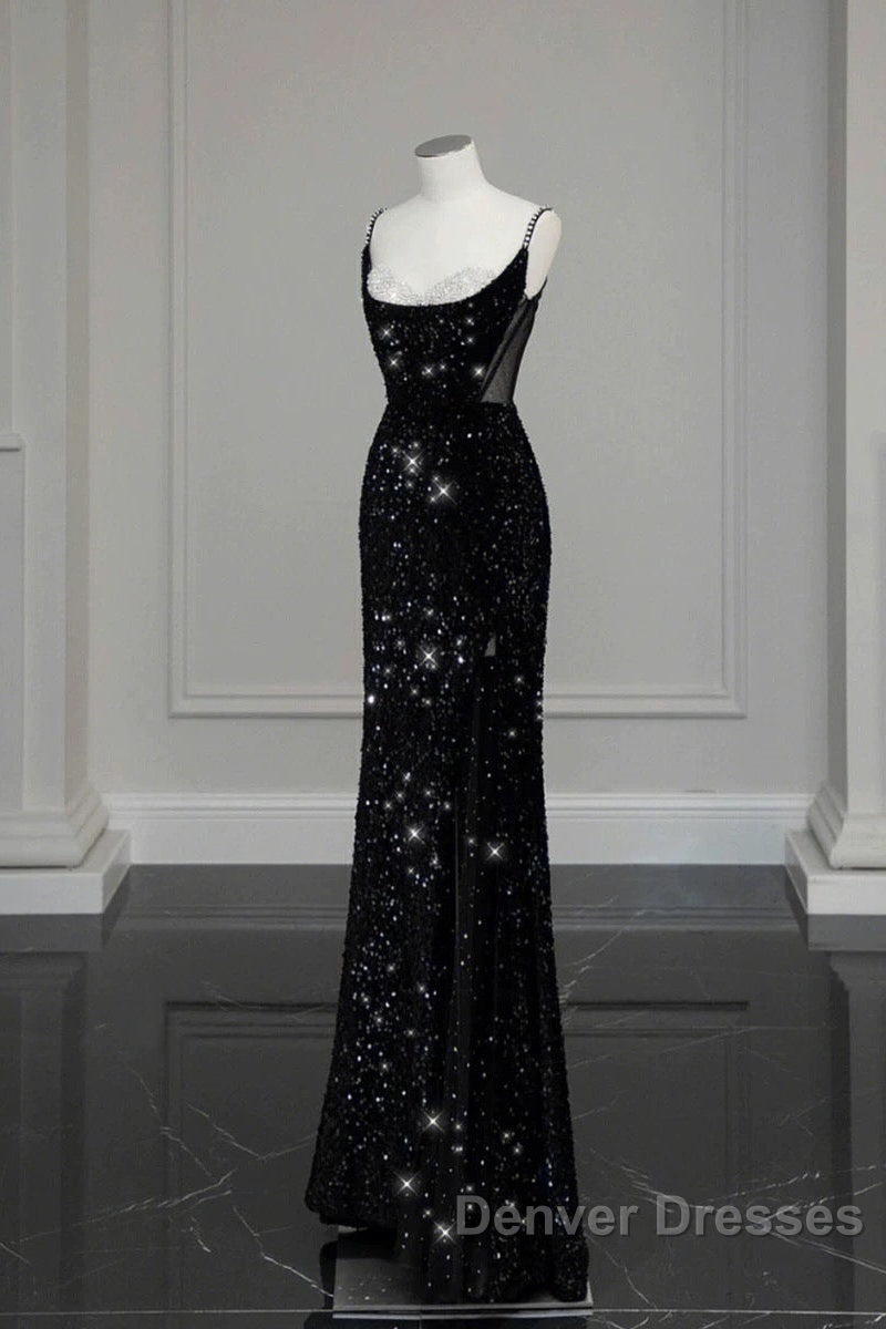 Classy Mermaid Spaghetti Straps Black Sequin Slit Long Evening Gowns Prom Dress