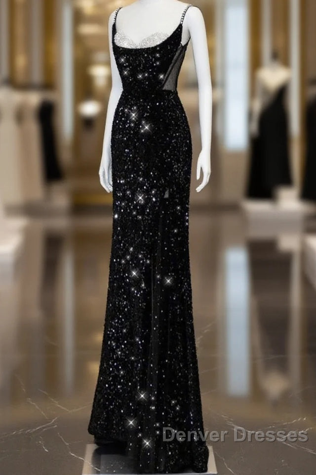 Classy Mermaid Spaghetti Straps Black Sequin Slit Long Evening Gowns Prom Dress Main image