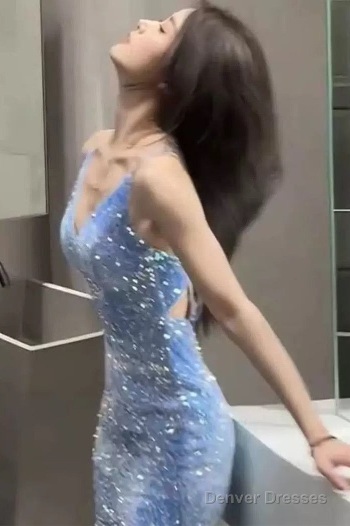 Classy Mermaid Spaghetti Straps Blue Sequin Long Evening Gowns Prom Dress