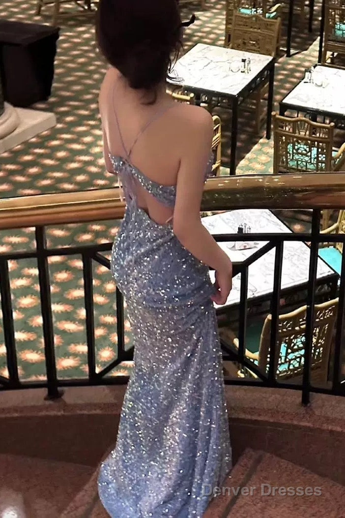 Classy Mermaid Spaghetti Straps Blue Sequin Long Evening Gowns Prom Dress