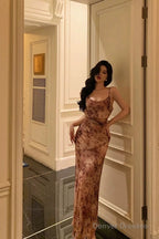 Classy Mermaid Spaghetti Straps Floral Chiffon Prom Dresses Birthday Outfits Evening Gown