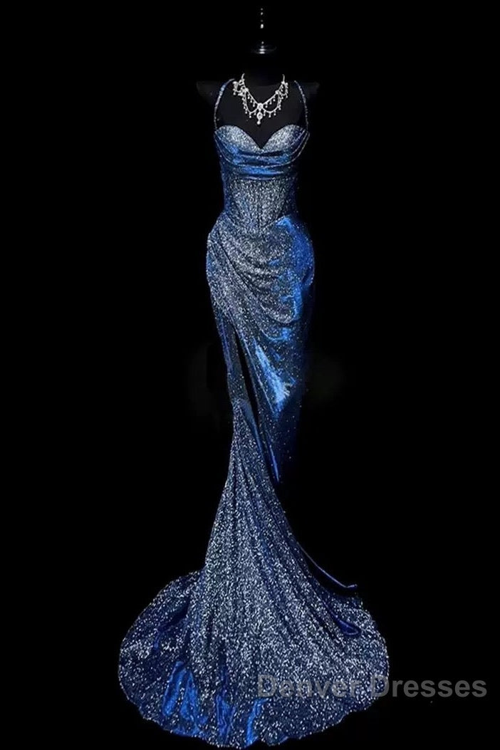 Classy Mermaid Spaghetti Straps Navy Blue Sequin Long Evening Gowns Prom Dress Secondary image