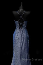 Classy Mermaid Spaghetti Straps Navy Blue Sequin Long Evening Gowns Prom Dress