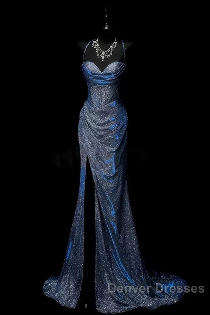 Classy Mermaid Spaghetti Straps Navy Blue Sequin Long Evening Gowns Prom Dress