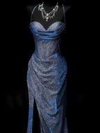 Classy Mermaid Spaghetti Straps Navy Blue Sequin Long Evening Gowns Prom Dress