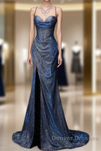 Classy Mermaid Spaghetti Straps Navy Blue Sequin Long Evening Gowns Prom Dress
