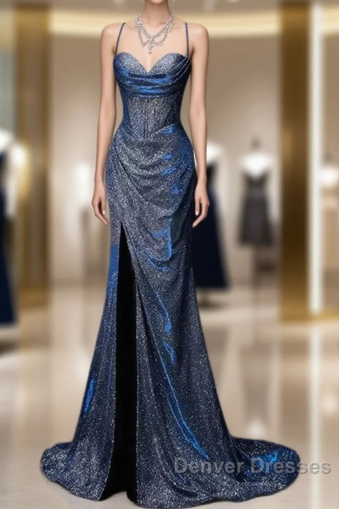 Classy Mermaid Spaghetti Straps Navy Blue Sequin Long Evening Gowns Prom Dress