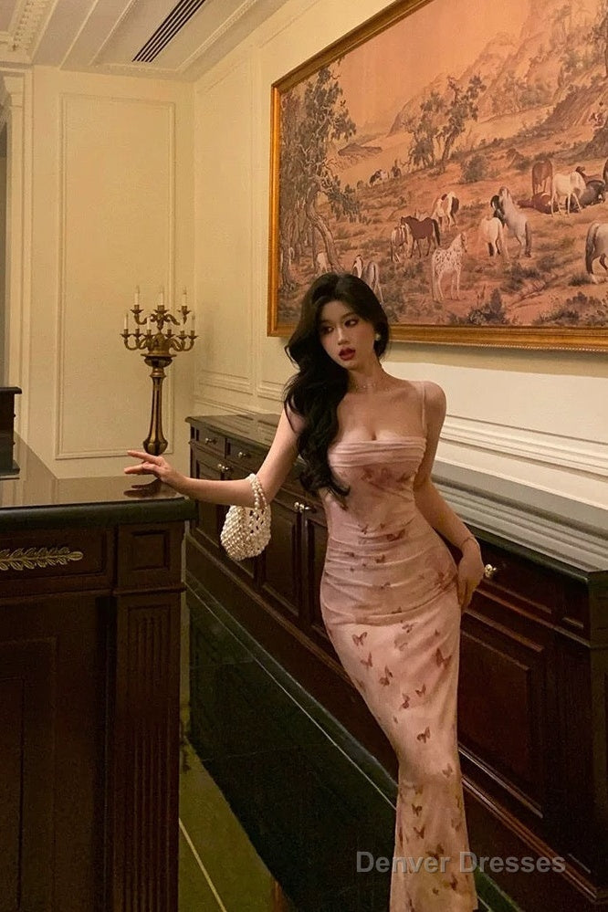 Classy Mermaid Spaghetti Straps Pink Flora Prom Dresses Birthday Outfits Evening Gown