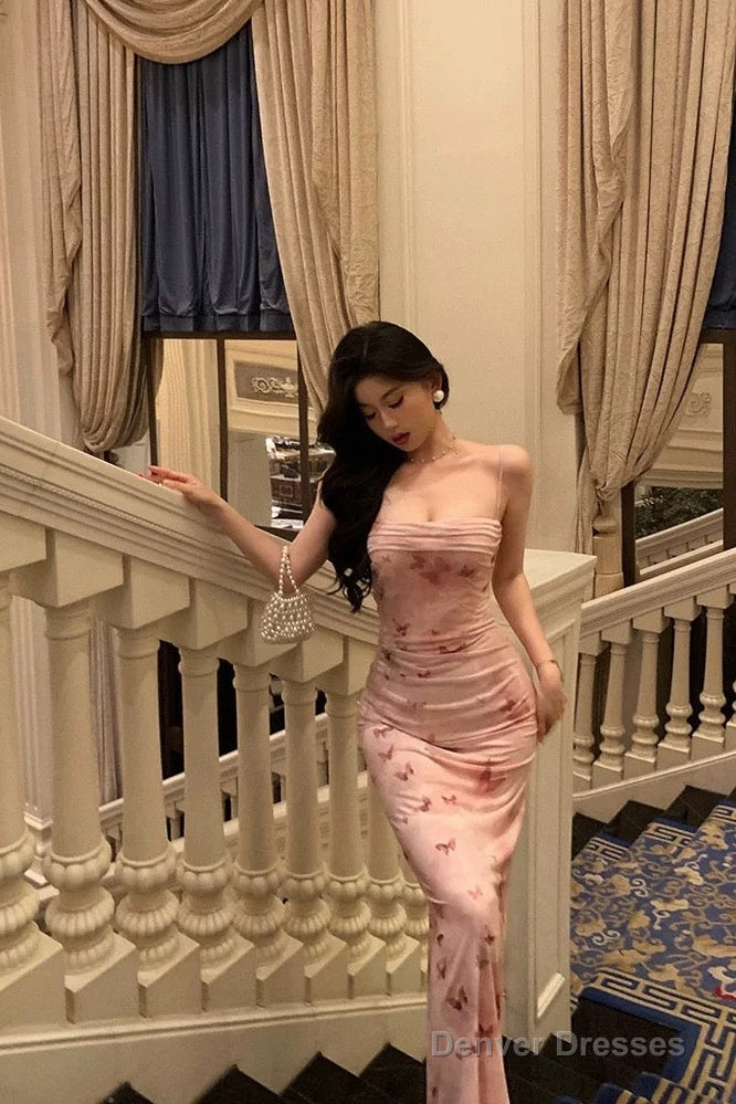 Classy Mermaid Spaghetti Straps Pink Flora Prom Dresses Birthday Outfits Evening Gown