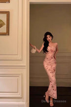 Classy Mermaid Spaghetti Straps Pink Flora Prom Dresses Birthday Outfits Evening Gown