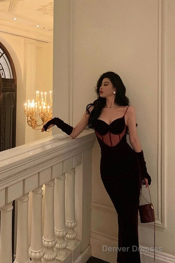 Classy Mermaid Spaghetti Straps Sleeveless Burgundy Velvet Prom Dresses Birthday Outfits Secondary image