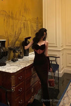 Classy Mermaid Spaghetti Straps Sleeveless Burgundy Velvet Prom Dresses Birthday Outfits