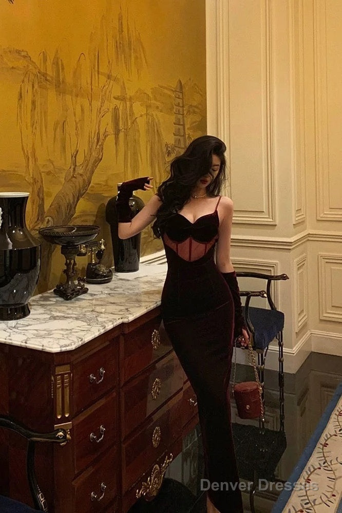 Classy Mermaid Spaghetti Straps Sleeveless Burgundy Velvet Prom Dresses Birthday Outfits