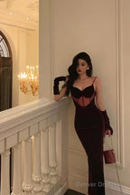 Classy Mermaid Spaghetti Straps Sleeveless Burgundy Velvet Prom Dresses Birthday Outfits