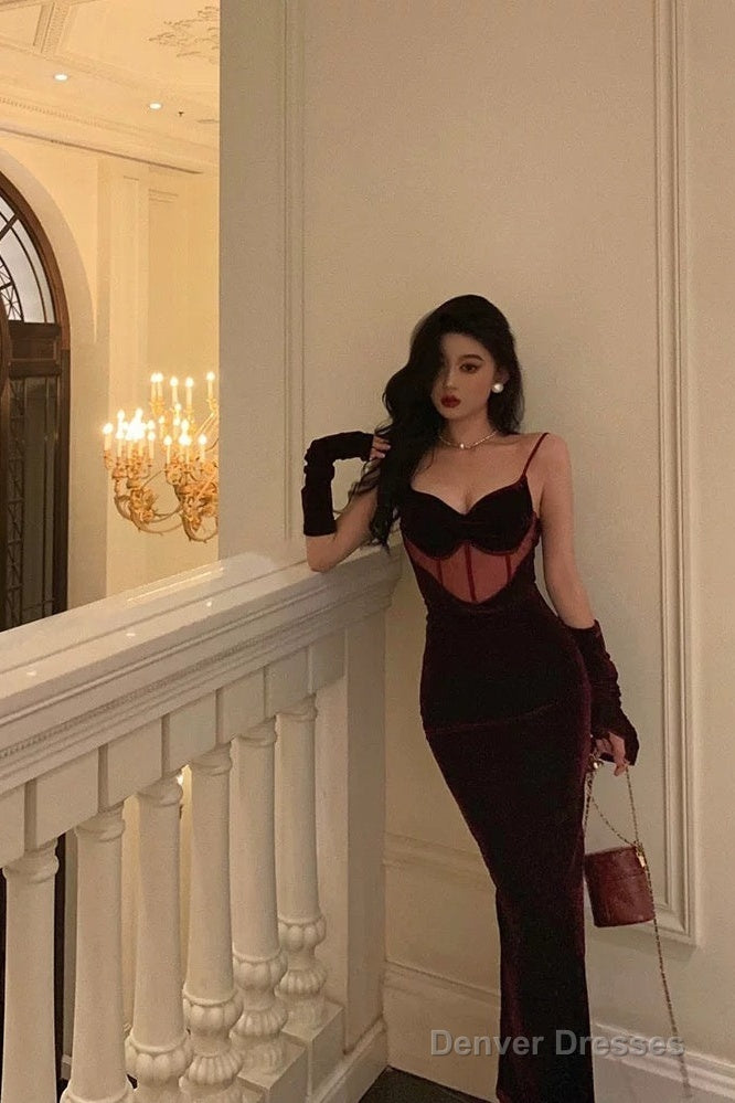 Classy Mermaid Spaghetti Straps Sleeveless Burgundy Velvet Prom Dresses Birthday Outfits Main image