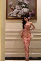 Classy Mermaid Spaghetti Straps Sleeveless Pink Floral Prom Dresses Birthday Outfits