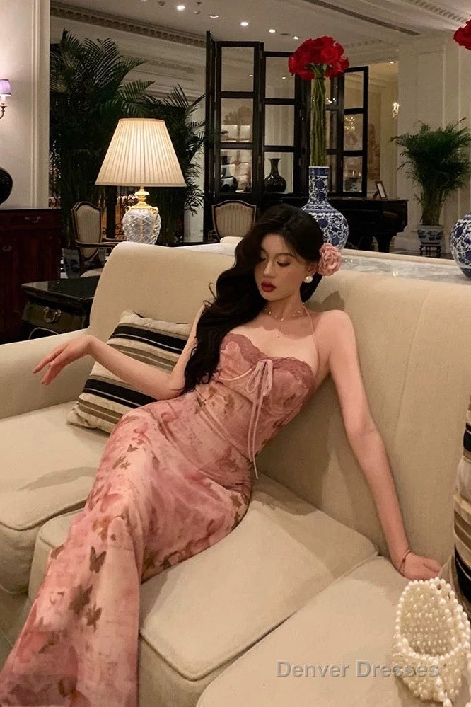 Classy Mermaid Spaghetti Straps Sleeveless Pink Floral Prom Dresses Birthday Outfits