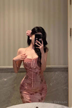 Classy Mermaid Spaghetti Straps Sleeveless Pink Floral Prom Dresses Birthday Outfits