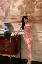 Classy Mermaid Spaghetti Straps Sleeveless Pink Floral Prom Dresses Birthday Outfits