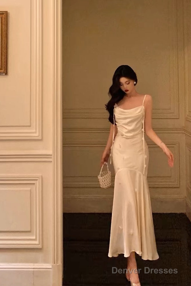 Classy Mermaid Spaghetti Straps White Floral Satin Prom Dresses Birthday Outfits Evening Gown Main image