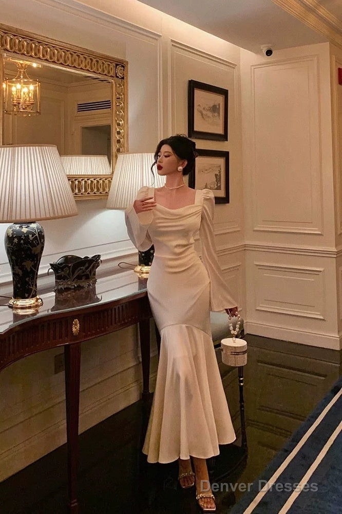 Classy Mermaid Square Neckline Long Sleeves Prom Dresses Birthday Outfits Evening Gown Secondary image