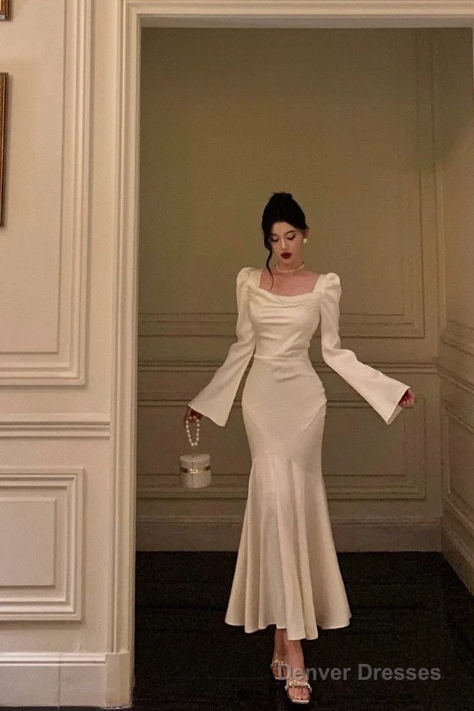 Classy Mermaid Square Neckline Long Sleeves Prom Dresses Birthday Outfits Evening Gown Main image