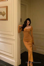 Classy Mermaid Square Neckline Orange Prom Dresses Birthday Outfits Evening Gown