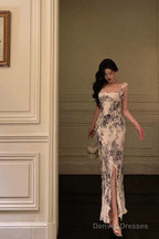 Classy Mermaid Square Neckline Ruffles Long Chiffon Slit Prom Dresses Birthday Outfits Evening Gown