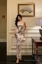 Classy Mermaid Square Neckline Ruffles Long Chiffon Slit Prom Dresses Birthday Outfits Evening Gown