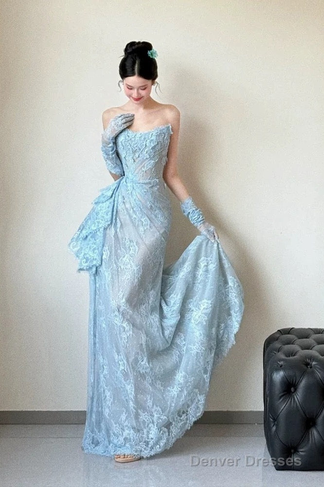 Classy Mermaid Strapless Lace Blue Long Evening Gowns Split Prom Dress Secondary image