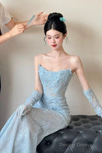 Classy Mermaid Strapless Lace Blue Long Evening Gowns Split Prom Dress