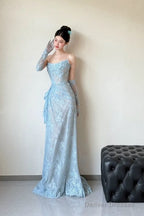 Classy Mermaid Strapless Lace Blue Long Evening Gowns Split Prom Dress