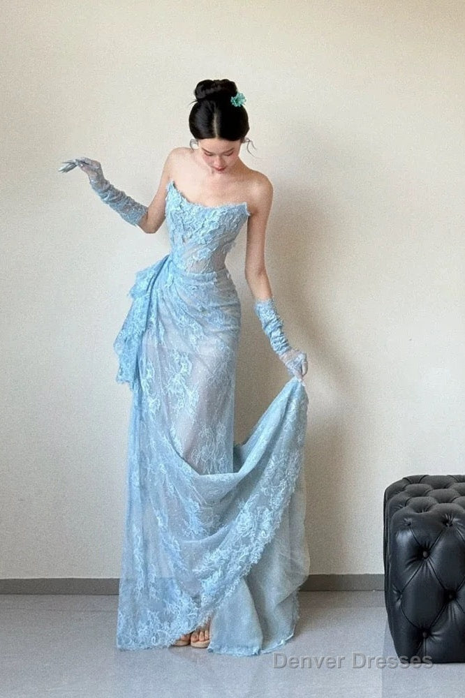 Classy Mermaid Strapless Lace Blue Long Evening Gowns Split Prom Dress Main image