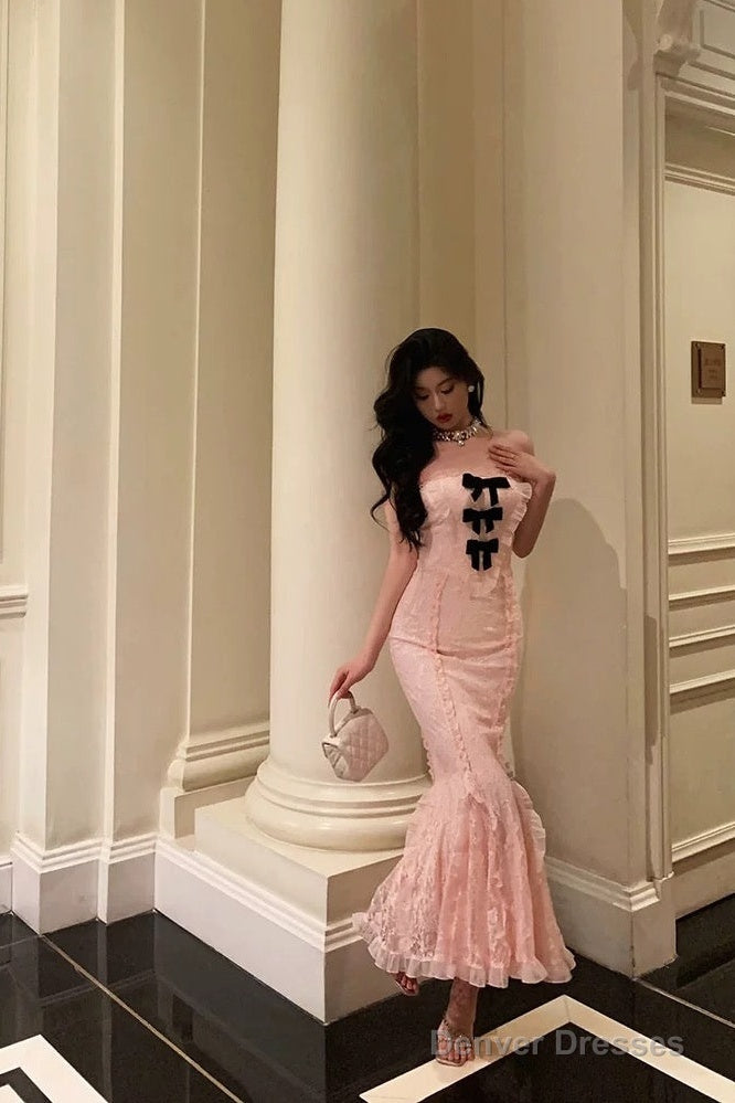 Classy Mermaid Strapless Lace Pink Prom Dresses Birthday Outfits Evening Gown Secondary image