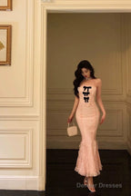 Classy Mermaid Strapless Lace Pink Prom Dresses Birthday Outfits Evening Gown