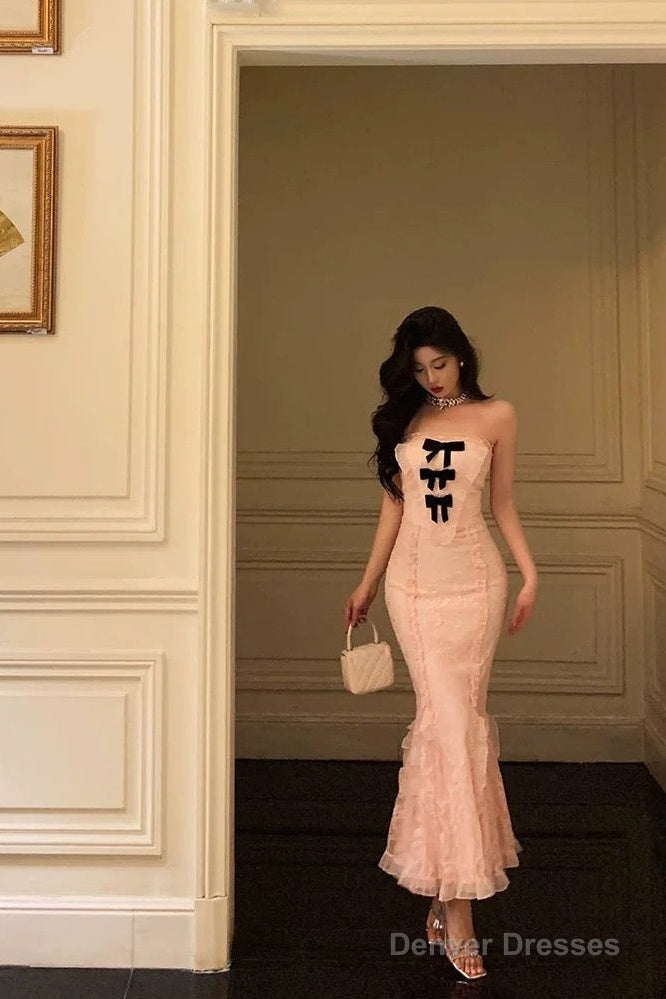 Classy Mermaid Strapless Lace Pink Prom Dresses Birthday Outfits Evening Gown